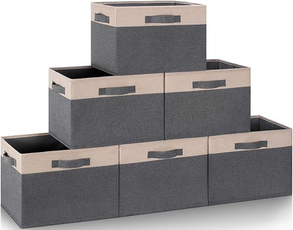 GhvyenntteS Large Fabric Storage Bins for Shelves with 3 Handles, 15x11x9.6in Closet Storage Bins, Sturdy Foldable Storage Baskets for Shelves Closet Bedroom Living Room Office (Beige, Set of 6)