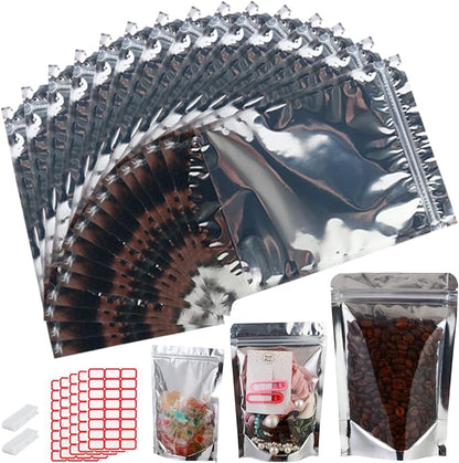 150-pack 5.9” x 8.7” Stand Up Mylar Bags with Clear Window Resealable Silver Aluminum Foil Pouches for Food Storage Smell Proof Edible Packaging Bag for Jewelry and Small Business, Bulk