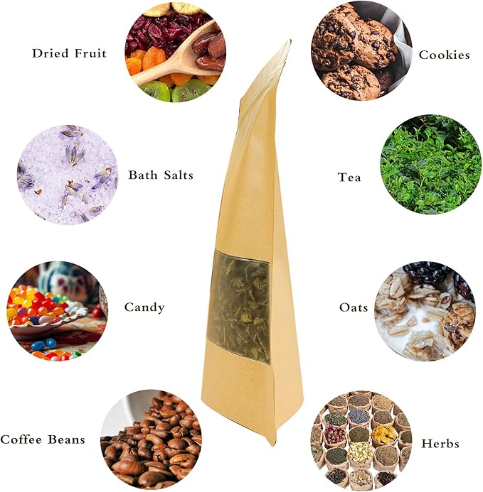 100 PCS Resealable Bags, Stand Up Kraft Paper Bags with Matte Window, Zipper Lock Food Storage Bags for Small Business and Home, 3.5 * 5.5 Inches Reusable Sealable Bags for Packaging