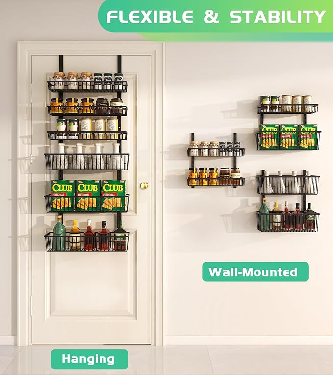 Over The Door Pantry Organizer, Pantry Organization and Storage, 6-Tier Deep Baskets Hanging Heavy-Duty Metal, Wall Spice Rack Seasoning Shelves for Home & Kitchen, Laundry Room Bathroom, Black