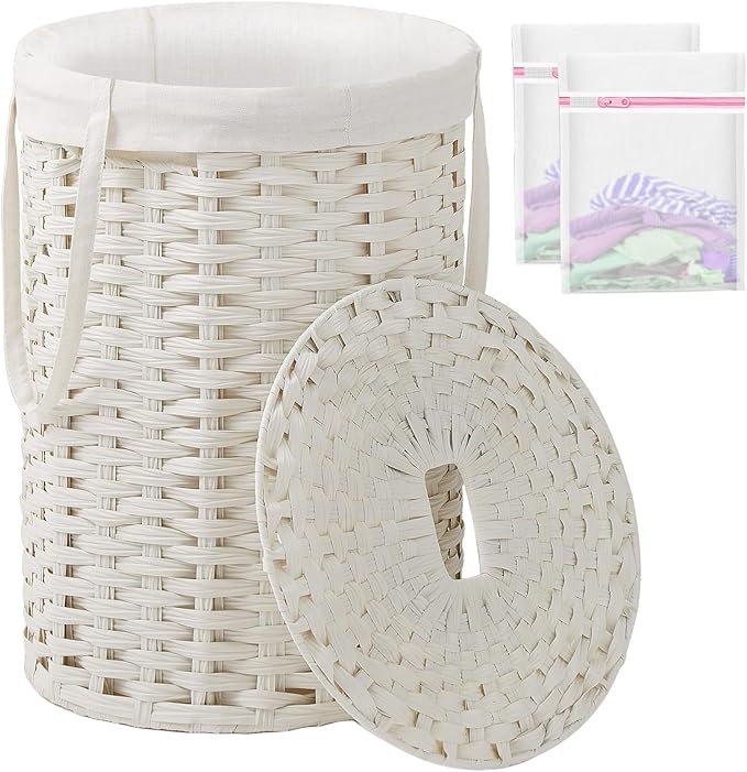 Laundry Hamper with Lid Laundry Basket with Lid 19.0 Gal (72 L) Round Wicker Laundry Basket Handwoven Rattan Basket with Lid Removable Bag 2 Mesh Bags Handles for Living Room Bathroom White