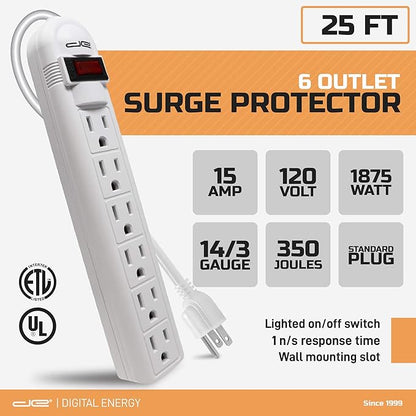 Digital Energy 6-Outlet Surge Protector Power Strip with 25-Ft Long Extension Cord, White, ETL Listed, UL Standard