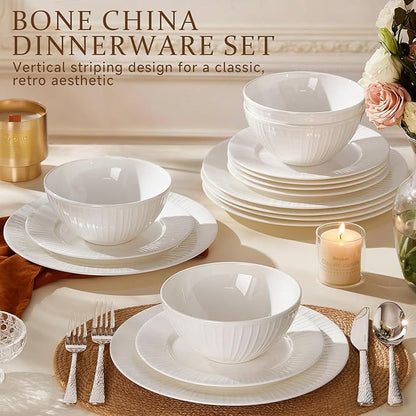18Pc Textured White Bone China Set Service