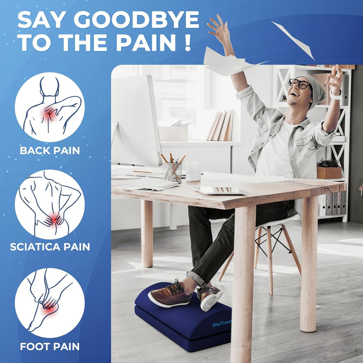 BlissTrends Foot Rest for Under Desk at Work-Versatile Foot Stool with Washable Cover-Comfortable Footrest with 2 Adjustable Heights for Car,Home and Office to Relieve Back,Lumbar,Knee Pain-Blue Long