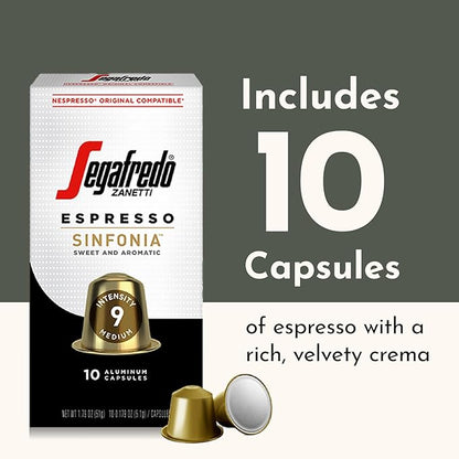 Segafredo Zanetti Espresso Capsules – Aluminum Pods for Nespresso Original Machines – Medium Roast Premium Espresso with a Sweet Aroma – Subtle, Intensity 9 – Sinfonia, 10 Count