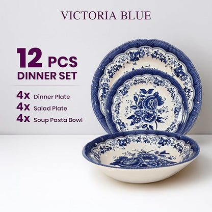 Tudor Royal 12-Piece Porcelain Round Dinnerware Set, Service for 4, Victoria Blue Design, Blue Floral, Plates Bowls Dishes, Glossy, Premium Quality Tableware, Unique Pattern