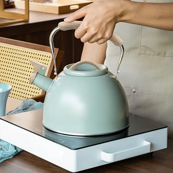 3.2 Quart Whistling Tea Kettle for Stove Top Stainless Steel Tea Pots With Wood Pattern Anti-slip Handle, Green…