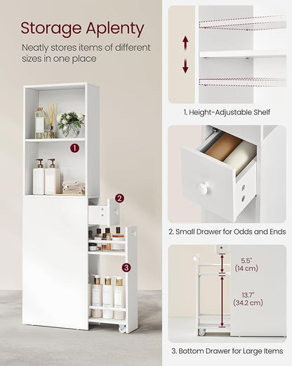 VASAGLE Slim Storage Cabinet, Narrow Freestanding Cabinet with Drawers and Adjustable Shelf, Modern Linen Tower for Living Room Bathroom Bedroom, White UBBK567T14