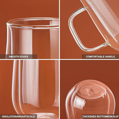Double Walled Glass Coffee Mugs 12 OZ, Borosilicate Glass Coffee Cups Set of 2 with Spoons, Insulated Clear Coffee Mug for Hot Beverages, Cappuccino, Latte, Tea Bag.