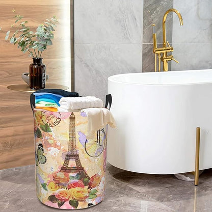 Eiffel Tower Collapsible Laundry Basket,Vintage Rose Butterfly Bedroom Waterproof Laundry Hamper,Bathroom Large Storage Bag,College Dormitory Living Room Nursery Organizer Toy Bin 16" x 20"