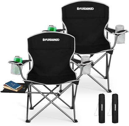FUNDANGO Folding Camping Chair with Table, 2 Pack Portable Heavy Duty Outdoor Padded Chairs for Adults with Cup Holders for Lawn Beach Picnic Outside Travel (Black)