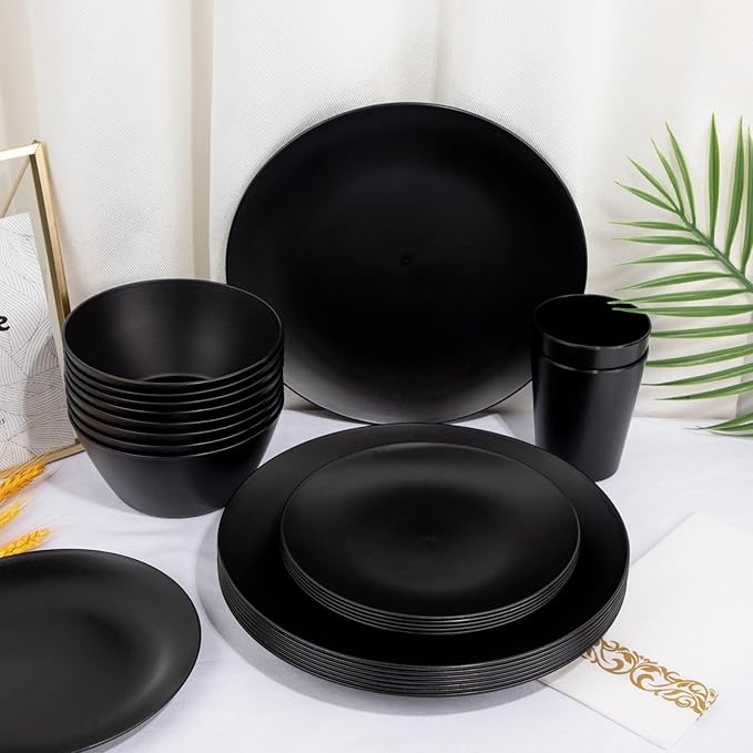 Supernal 32pcs Black Wheat Straw Dinnerware Sets with 25pcs Linen Napkins,Plates and Bowls Sets for 8,Black Plastic Dinnerware Sets, Microwave Dishwasher Safe Plates, Dishes Set for 8