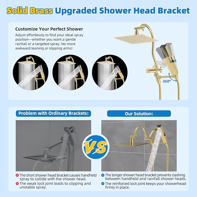 Hibbent All Metal Shower Head, 10'' High Pressure Rainfall Shower Head, Showerhead Combo, Handheld Shower Wand, 12'' Adjustable Curved Shower Extension Arm, 71'' Hose, Shower Holder, Brushed Gold