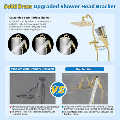 Hibbent All Metal Shower Head, 10'' High Pressure Rainfall Shower Head, Showerhead Combo, Handheld Shower Wand, 12'' Adjustable Curved Shower Extension Arm, 71'' Hose, Shower Holder, Brushed Gold