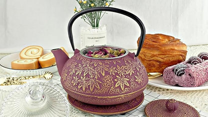 Large Japanese Cast Iron Teapot Capacity 40Oz with Trivet and Loose Leaf Tea Infuser, Cast Iron Tea Kettle Stovetop Safe. Tetsubin Coated with Enamel Interior - Purple Teapot