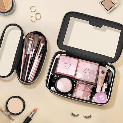 Travel Clear Makeup Bag with Makeup Brush Bag, Leather Makeup Case Toiletry Bag, Portable Cosmetic Bag Case, Transparent Waterproof Cosmetic Organizer Storage Bag for Women, Black