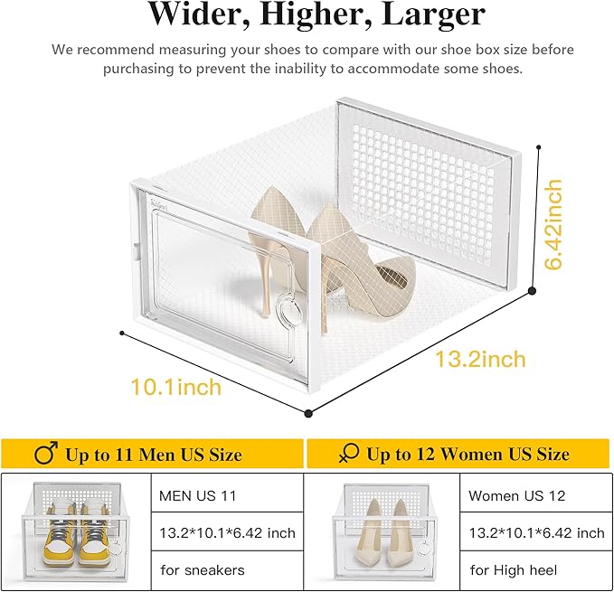 Kuject X-Large Shoe Storage Boxes Organizers Clear Plastic Stackable 12 Pack, Shoe Rack & Holder Substitute, Sneaker Containers, Toy Storage Organizer Bins for Entryway, Closet, Under Bed, White
