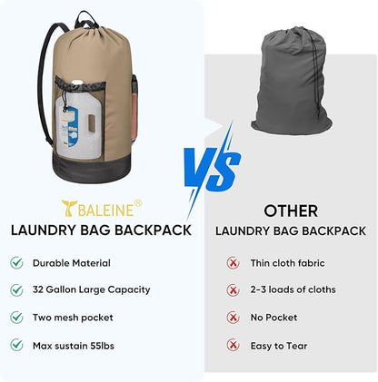 BALEINE 120L Laundry Bag Backpack, 900D Oxford Fabric Large Travel Laundry Bags with Shoulder Straps and 2 Mesh Pockets for College Dorm, Apartment, Laundromat (Khaki, 120L)