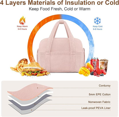 Corduroy Lunch Box Lunch Bag for Women Men, Cute Strawberry Small Insulated Reusable Work Leakproof Simple Lunch Boxes Tote Bag Adults Cooler Bag
