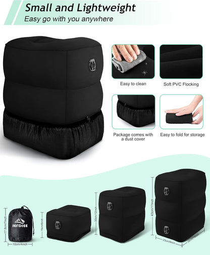 JefDiee Inflatable Travel Foot Rest Pillow, Kids Airplane Bed, Adjustable 3 Layers Height Leg Rest Pillow, Adults Travel Essentials Great for Airplane, Office, Home, Trains, Cars (Black)