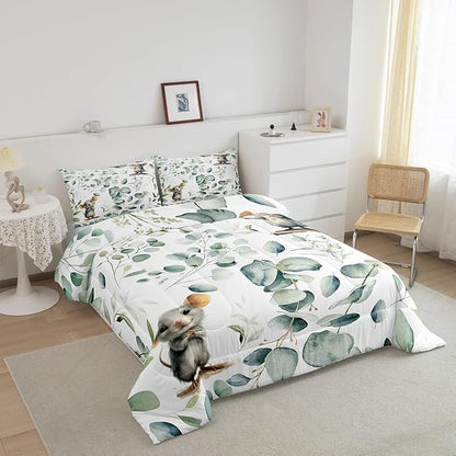 Erosebridal Kids Cute Animal Queen Size Comforter Set for Girls Boys Cartoon Mouse Bedding Set, Spring Eucalyptus Down Comforter Watercolor Leaves Bed Set, Kawaii Animal Mice Quilted Duvet