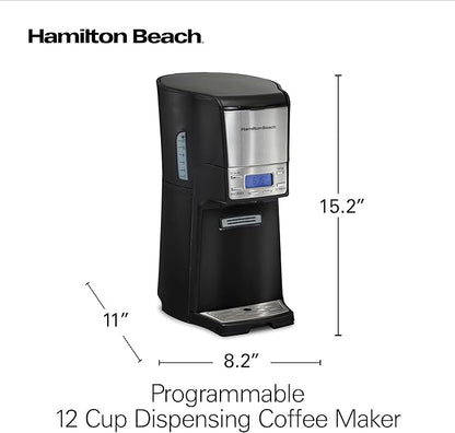 Hamilton Beach One Press Programmable Dispensing Drip Coffee Maker with 12 Cup Internal Brew Pot, Water Reservoir, Black with Chrome (48464)