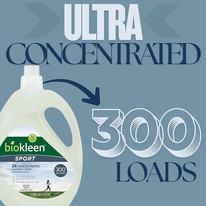 Biokleen Natural Sport 3X Concentrated Laundry Detergent, 300 Loads, Bio Active Formula, Fight Odors, Sweat & Stain Remover, Lavender Eucalyptus Scent