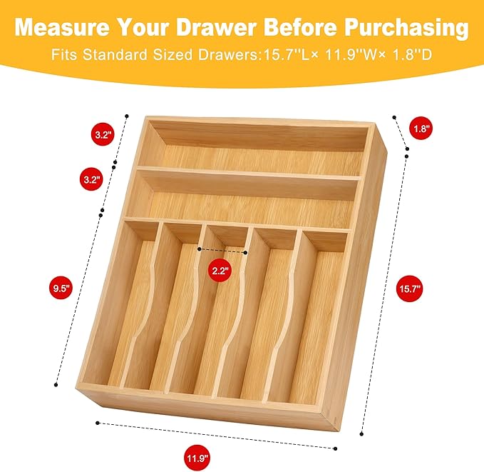 Kitchen Bamboo Silverware Organizer, Kitchen Drawer Organizer - Utensil Holder and Cutlery Tray with Grooved Drawer Dividers for Flatware 7 Slot, Natural
