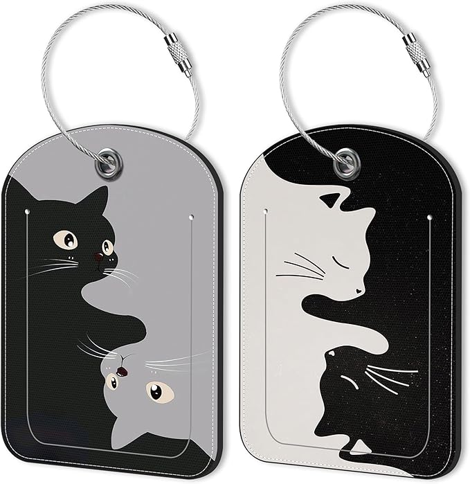 2 Pack Luggage Tag for Suitcase Black and Gray cat Leather Suitcase Tags with Privacy Name ID Label and Stainless Steel Loop for Travel Bag