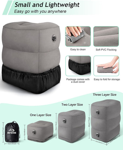 JefDiee Inflatable Foot Rest Pillow, Kids Airplane Bed, Adjustable 3 Layers Height Leg Rest Pillow, Airplane Travel Essentials Great for Office, Home, Trains, Cars