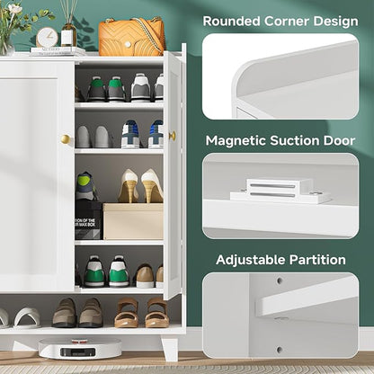 Flat-Shelf Shoe Cabinet with Doors，6-Tier Shoes Storage Cabinet with Adjustable Shelves，Wooden Shoe Rack Shoes Storage Organizer Cabinets for Entryway, Hallway, Living Room