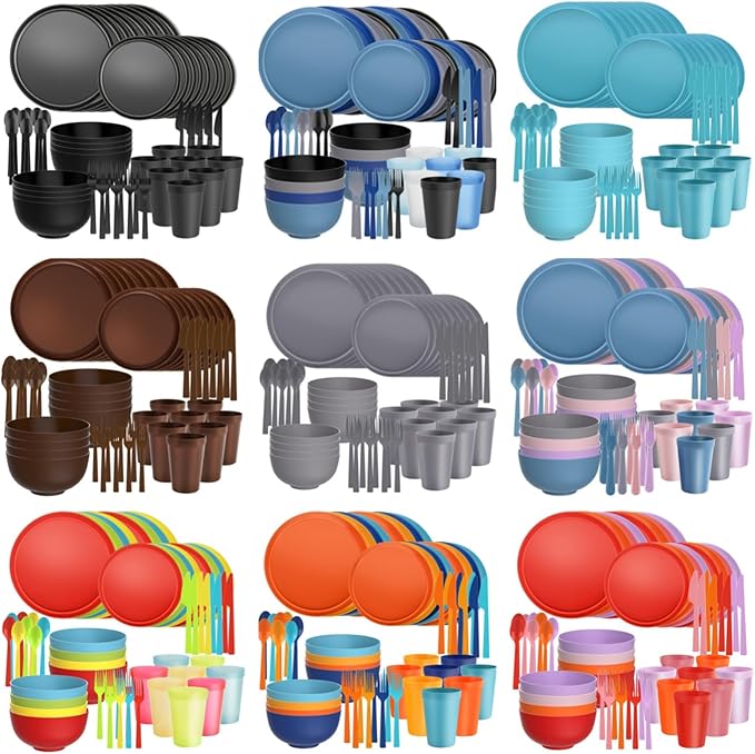 40 Piece RV & Camping Dinnerware Set, Elegant Ceramic-Look Large Bowls & Plates, Unbreakable & 100% Microwave Safe, Melamine Alternative Service for 8, Boho