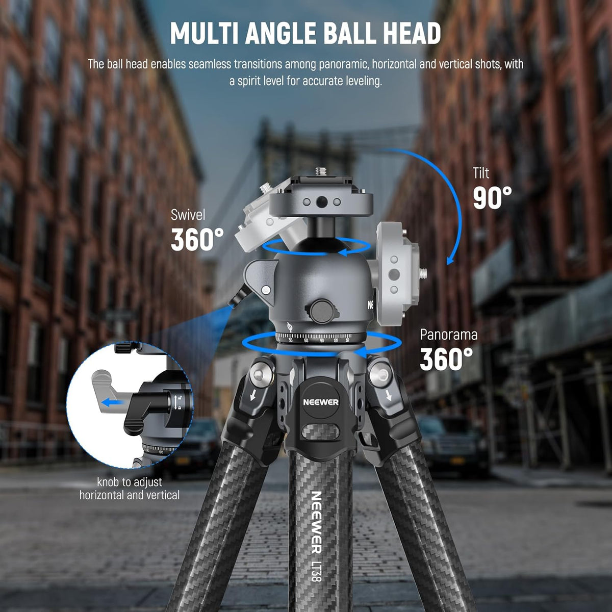 NEEWER LITETRIP LT38 61" Travel Tripod Carbon Fiber for Camera, 360° Pan Tilt Low Profile Ball Head, Flexible Center Axis, Arca QR Plate Compatible with Peak Design Tripod Clip V3, Max Load 22lb