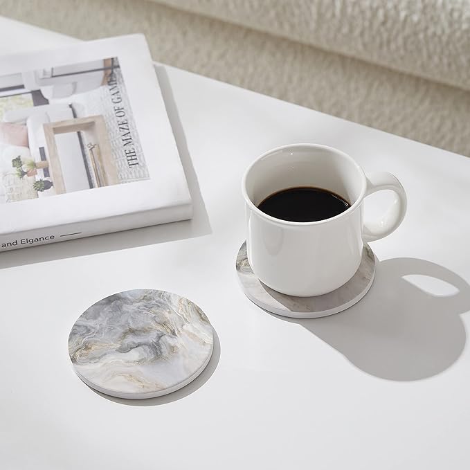 Set of 6 Abstract Gray White Marble Coasters with Holder, Absorbent Ceramic Coasters for Drinks, Coasters with Cork Backing for Table Protection, Housewarming Gifts for New Home