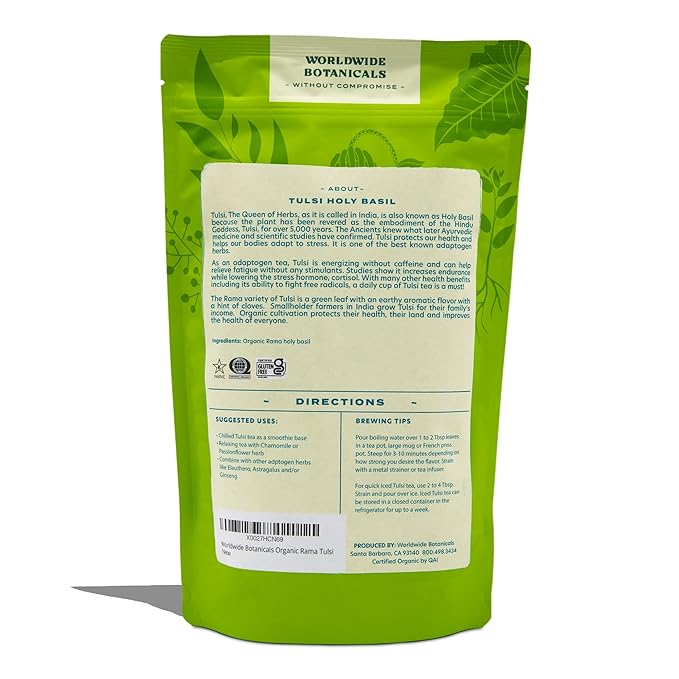 Worldwide Botanicals Organic Holy Basil Tea, 8oz - Tulsi Rama - Loose Leaf Premium Herbal Tea, 100% Pure Tulsi Holy Basil, Fair Trade, Adaptogenic, Kosher