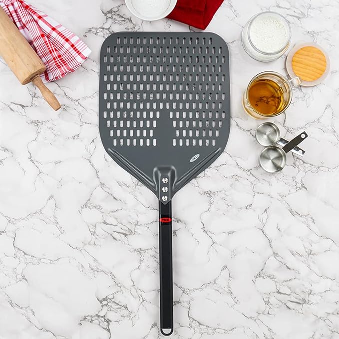 TKC Perforated Pizza Peel - 12" Metal Pizza Turner compatible with Ooni Ovens, Indoor & Outdoor Use, Durable and Heat-Resistant Handle, Lightweight Pizza Spatula (Black)