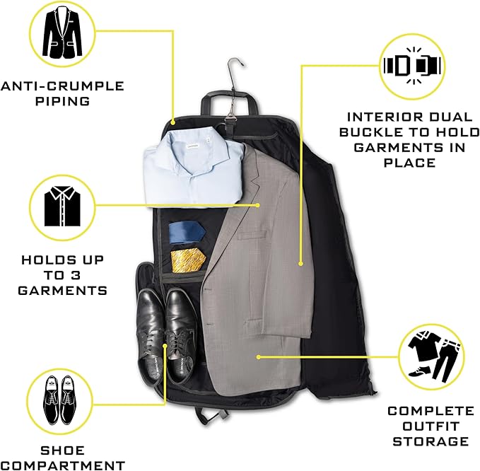 Premium Suit Garment Bag Carry On - Hangs 4 Suits - Travel & Business with Shoulder Strap and Laptop Compartment