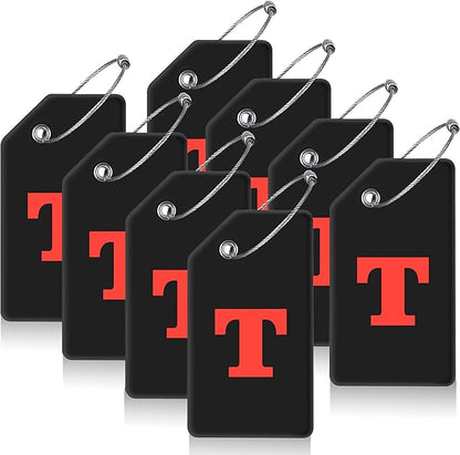 8 Pcs Luggage Tags for Suitcases, 26 Initial Letter Travel Luggage Baggage Identification Labels ID Tags Fully Bendable Tags with Stainless Steel Loop (Letter T, Black)