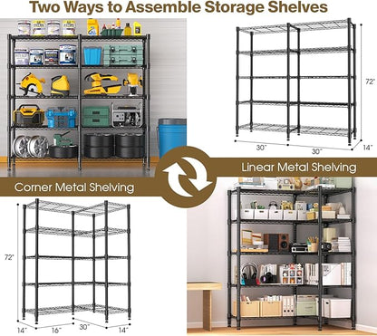 Himimi Storage Shelves-5 Tier Heavy Duty Wire Shelving Unit with Leveling Feet, 1500LBS Adjustable Metal Shelves Organizer for Kitchen Garage Pantry Laundry, 60" W*14" D*72" H, Black