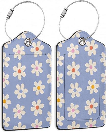 2 Pack Luggage Tag for Suitcase, Groovy Daisy Flowers Leather Bag Tags Identifiers Privacy Cover ID Label with Durable Steel Loop for Women Men Kids Girls Travel