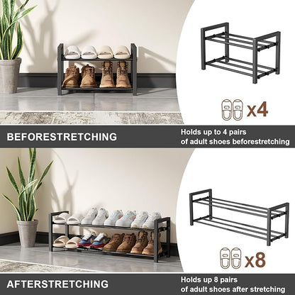 2-Tier Expandable Shoe Rack,Adjustable Shoe Shelf Storage Organizer Heavy Duty Metal Free Standing Shoe Rack for Entryway Closet Doorway (Black)