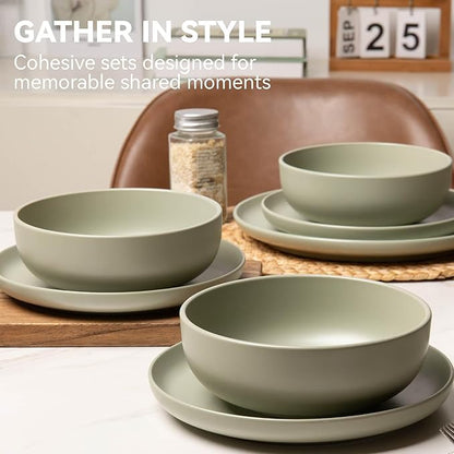 12-Piece Matte Green Dinnerware Set,Stoneware Dinnerware for 3, Microwave & Dishwasher Safe, Stackable Design for Kitchen and Dining - Plates,Bowls and Mugs