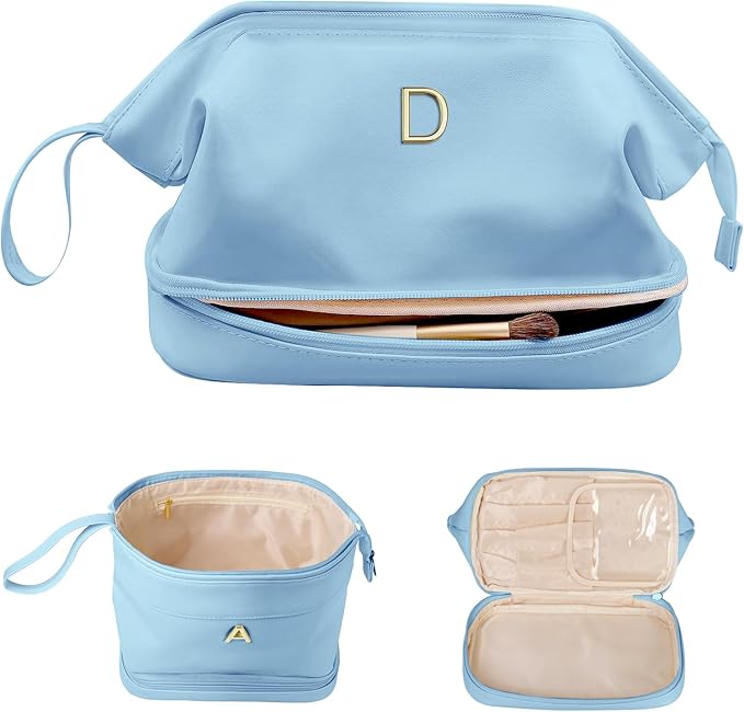 Wedding Gift Initial Makeup Bag, Personalized Double Layer Cosmetic Bag with Makeup Brush Organizer, Waterproof, Large Capacity PU Leather Travel Toiletry Bag Retirement Gifts, Daughter Gifts