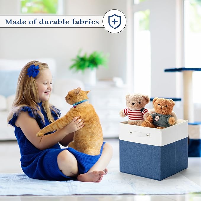 13 x 13 Inch Fine Linen Storage Bins with Handles，Fabric Cube Boxs，Collapsible Basket Organizers for Shelves for Home, Closet Drawers (White/Blue-6 Pack)