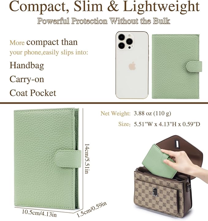 RFID Leather Passport Holder for Travel Women – Slim Passport Wallet with 1 Passport Slot & 3 Card Slots, Zippered Coin Pocket & SIM Slot – Travel Passport Cover Case (Light Green)