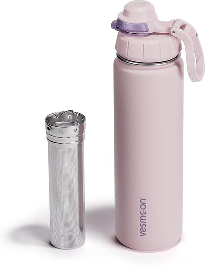 Vesmoon Vessence 24 Oz Stainless Steel Tea Infuser Bottle for Loose Leaf Tea, Water, Herbs, Fruits - Triple Layered Insulated, Leak Proof Bottle with Lid and Clip Handle - 24 Hours Hot/Cold