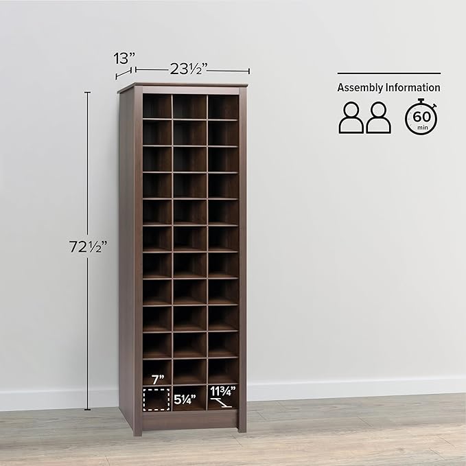 Prepac Elegant Brown Shoe Storage Cabinet, Space-Saving Solution with Cubbies for 36 Pairs, 13"D x 23.5" W x 72.5" H
