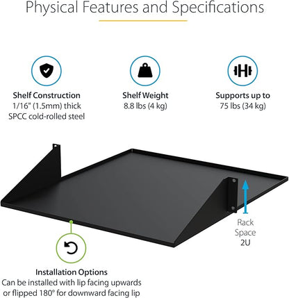 StarTech.com 2U 19" 2-Post Network Rack Cabinet Shelf - 20in Deep Center Mount Cantilever Tray Rackmount Shelf for AV/Data Equipment Enclosure w/Cage Nuts & Screws 75lb Weight Capacity (CABSHF2POST2)