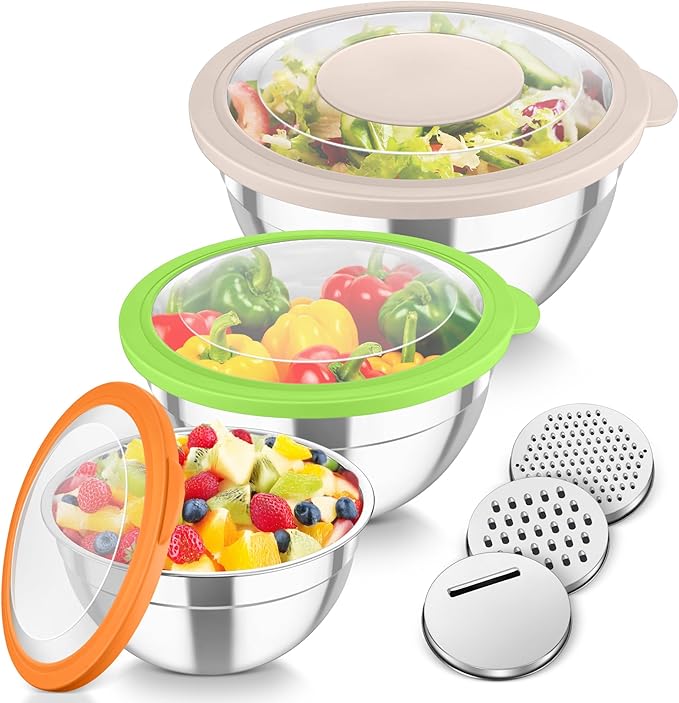 TeamFar Mixing Bowls, 3PCS Stainless Steel Serving Salad Bowls with Lids & 3 Graters, For Kitchen Mixing/Baking/Storing/Prepping, Visible & Airtight, Easy Clean - 4.5/3 / 1.5 QT, Multi-color