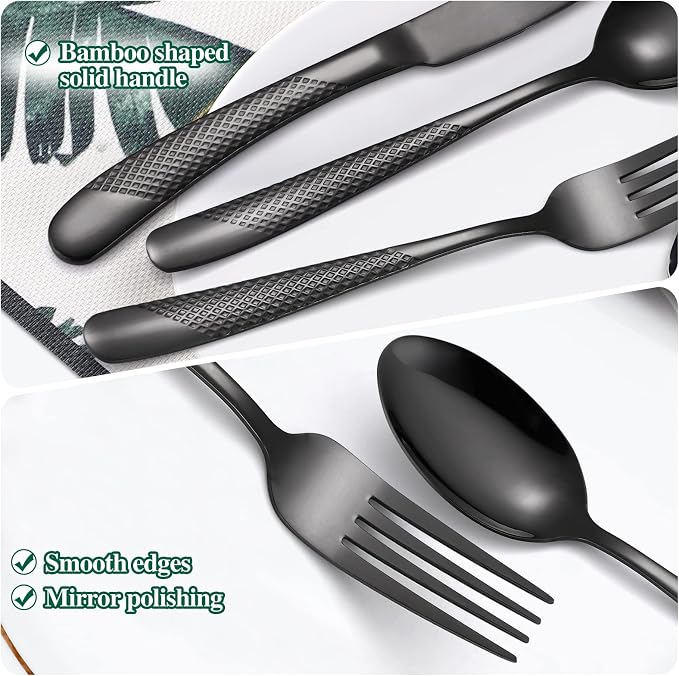 20-Piece Modern Black Hammered Silverware Set, 18/10 Stainless Steel Flatware
